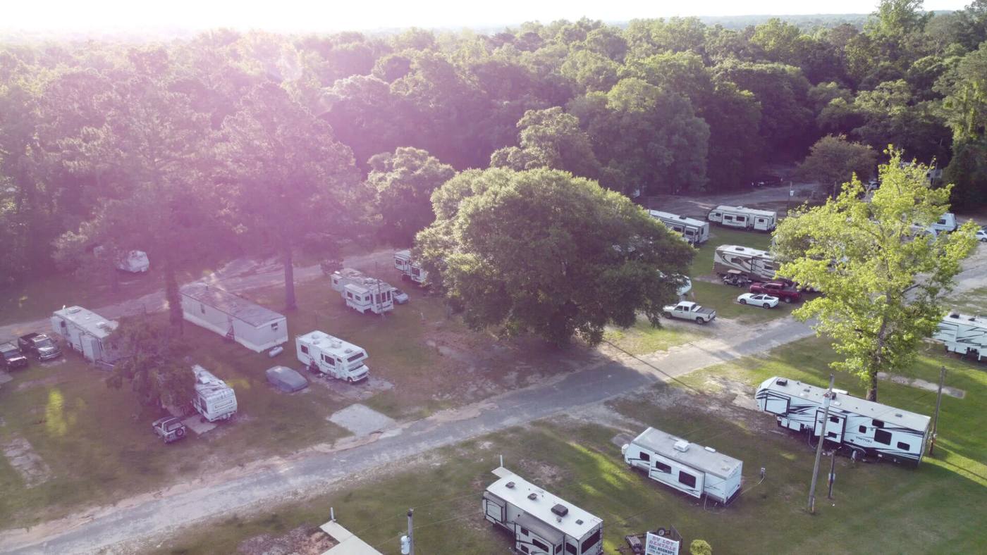 Aerial view of the park and the surrounding woods